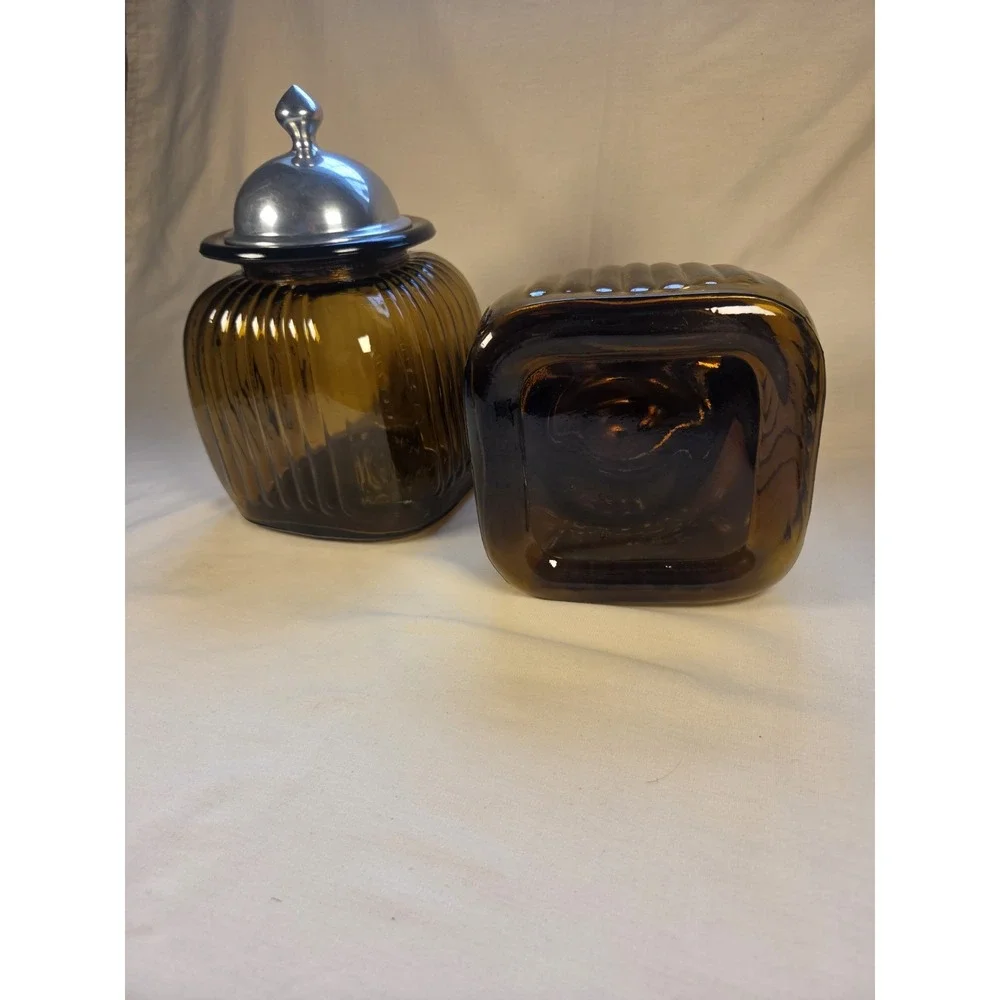 VINTAGE APOTHECARY ARTLAND AMBER RIBBED GLASS CANISTERS PEWTER with LIDS